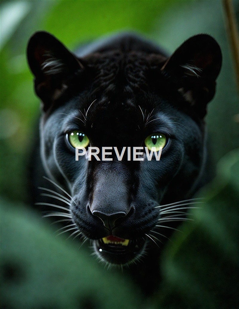 A close-up of a sleek black panther with piercing green eyes, partially obscured by green foliage.
